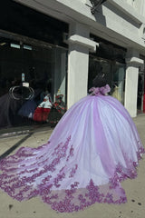 Lavender Sparkle Princess Quinceanera Dress with Off-Shoulder Sequin Applique and Tulle Train