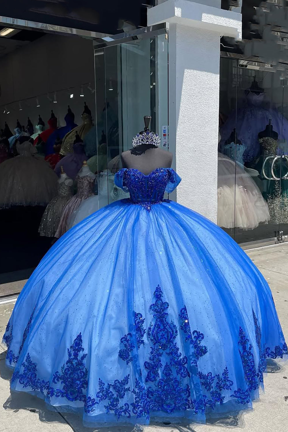 Royal Blue Sparkle Off-Shoulder Sequin Ball Gown with Tulle Train for Quinceanera