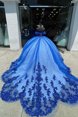 Royal Blue Sparkle Off-Shoulder Sequin Ball Gown with Tulle Train for Quinceanera