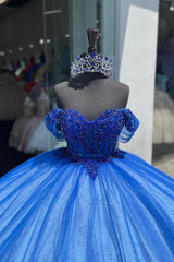Royal Blue Sparkle Off-Shoulder Sequin Ball Gown with Tulle Train for Quinceanera