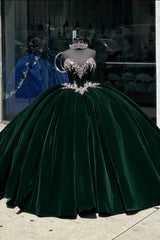 Velvet Quinceanera Dress with Pine Sweetheart Beaded Applique