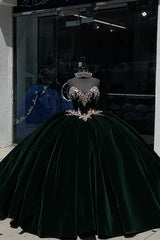Velvet Quinceanera Dress with Pine Sweetheart Beaded Applique