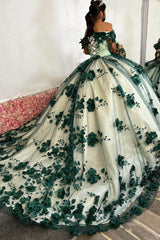 Off the Shoulder Black Champagne Princess Dress with Floral Applique and Tulle Train for Quinceanera