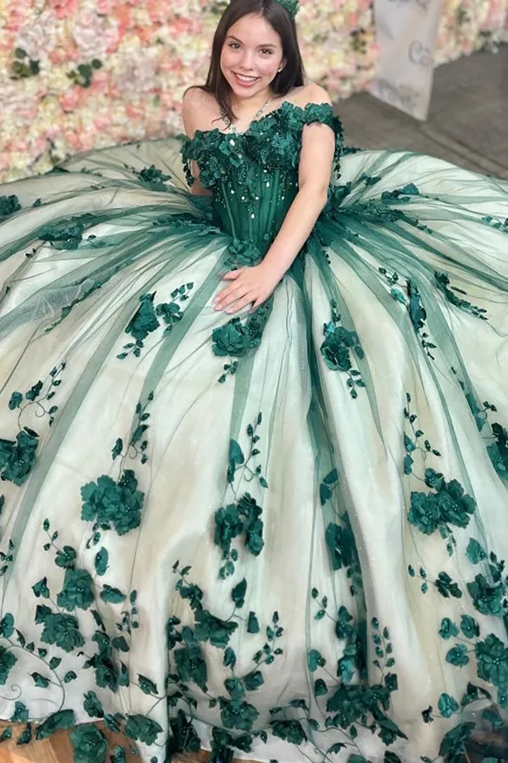 Off the Shoulder Dark Green Princess Tulle Quinceanera Dress with Floral Applique and Champagne Accents
