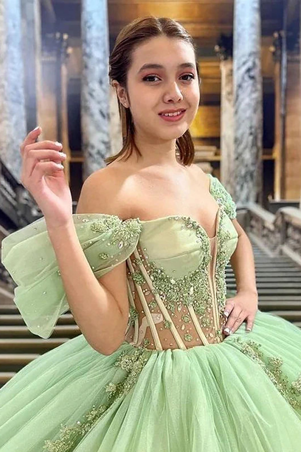 Sage Off-the-Shoulder Princess Quinceanera Dress with Beaded Applique and Tulle Train