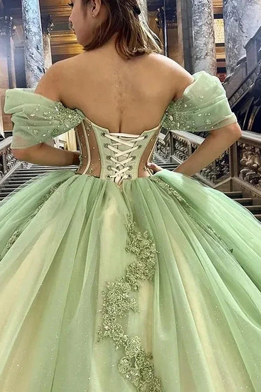 Sage Off-the-Shoulder Princess Quinceanera Dress with Beaded Applique and Tulle Train