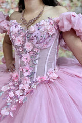 Princess Quinceanera Dress in Candy Pink with Floral Sequin Applique and Off-the-Shoulder Tulle Train