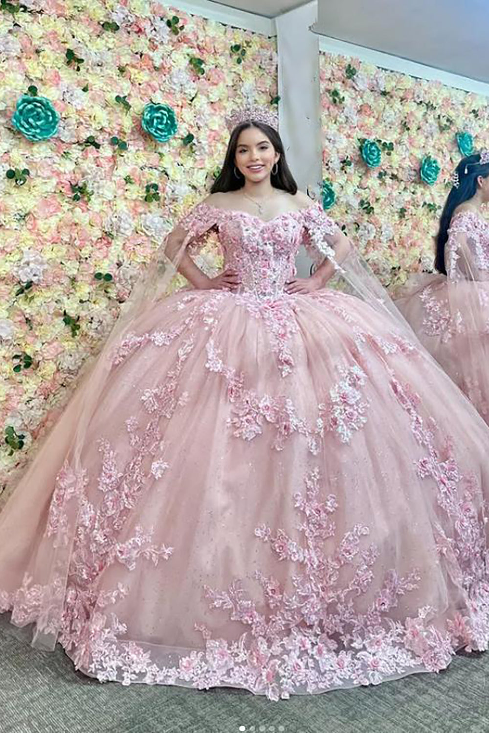 Princess Quinceanera Dress in Blush Pink with Off-Shoulder Sequin Applique and Tulle Cape