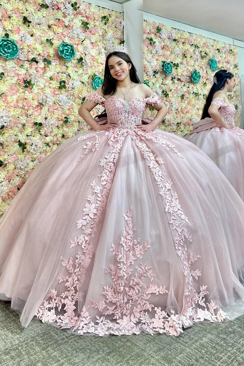 Princess Quinceanera Dress in Blush Pink with Off-Shoulder Beaded Applique and Tulle Bow