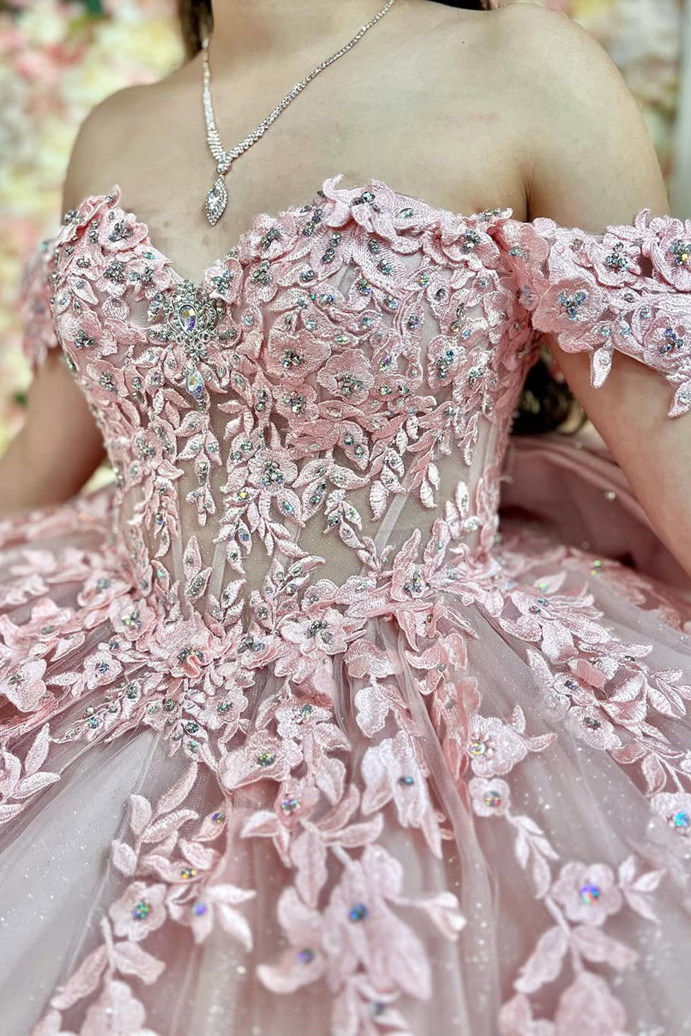 Princess Quinceanera Dress in Blush Pink with Off-Shoulder Beaded Applique and Tulle Bow