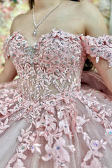 Princess Quinceanera Dress in Blush Pink with Off-Shoulder Beaded Applique and Tulle Bow