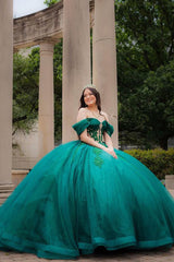 Off-the-Shoulder Sparkly Pine Applique Princess Tulle Dress with Train for Quinceanera