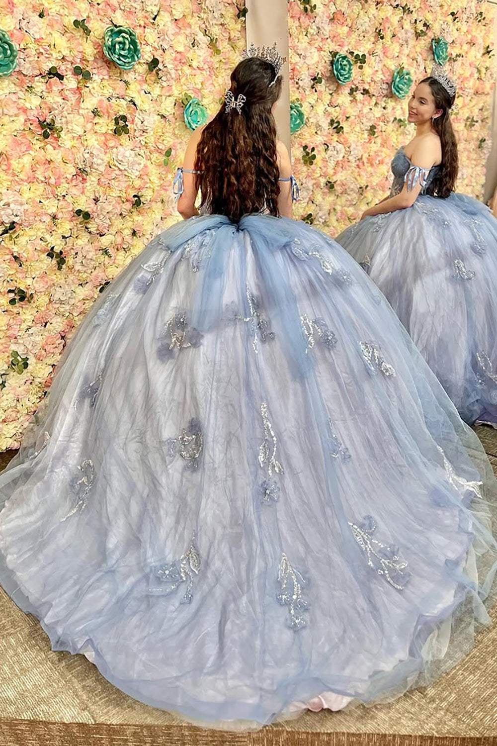 Off the Shoulder Dusty Blue Tulle Ball Gown with Beading for Quinceanera