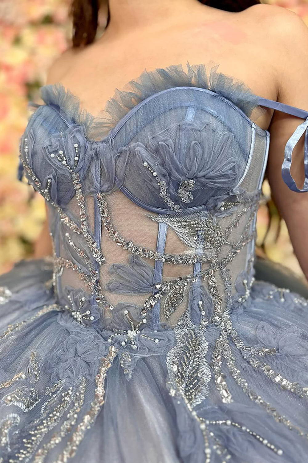 Off the Shoulder Dusty Blue Tulle Ball Gown with Beading for Quinceanera
