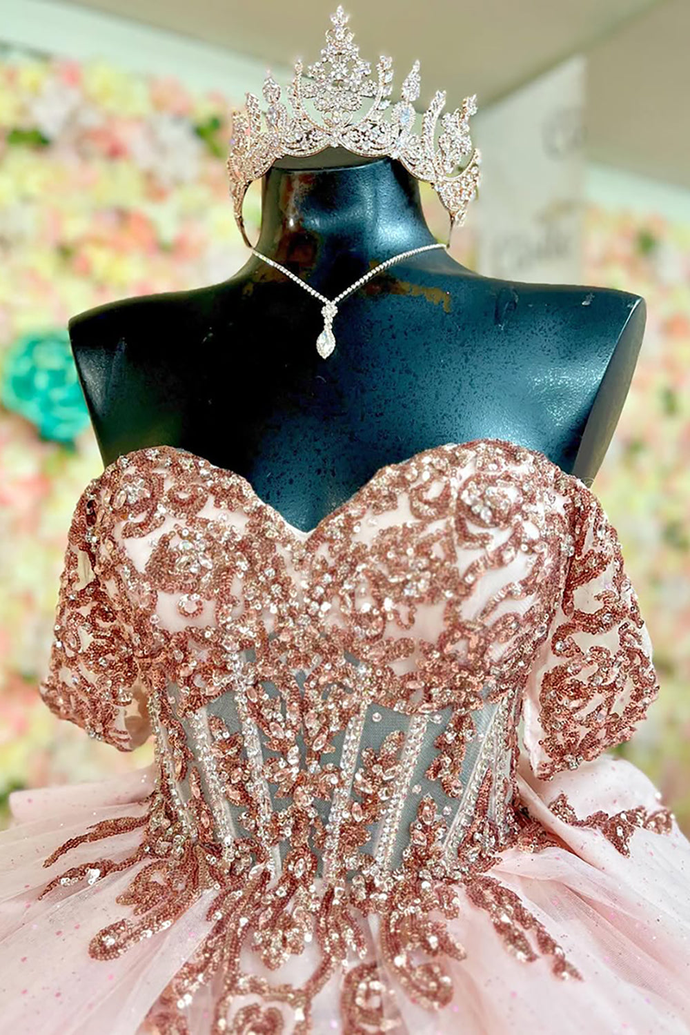 Princess Quinceanera Dress in Dusty Rose with Off-Shoulder Beaded Applique and Tulle Bow