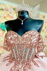 Princess Quinceanera Dress in Dusty Rose with Off-Shoulder Beaded Applique and Tulle Bow