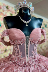 Princess Quinceanera Dress in Dusty Rose with Off-the-Shoulder Tulle and Appliques