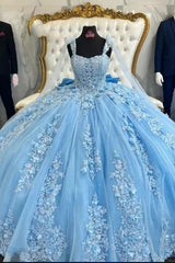 Princess Quinceanera Dress in Light Blue Tulle with Spaghetti Straps and Appliques