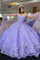 Quinceanera Dress in Lilac with Caped Tulle and Spaghetti Straps, Featuring Appliques