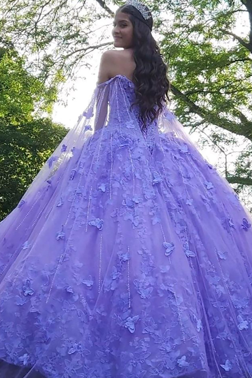 Quinceanera Dress in Lilac with Caped Tulle and Spaghetti Straps, Featuring Appliques
