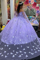 Quinceanera Dress in Lilac with Caped Tulle and Spaghetti Straps, Featuring Appliques