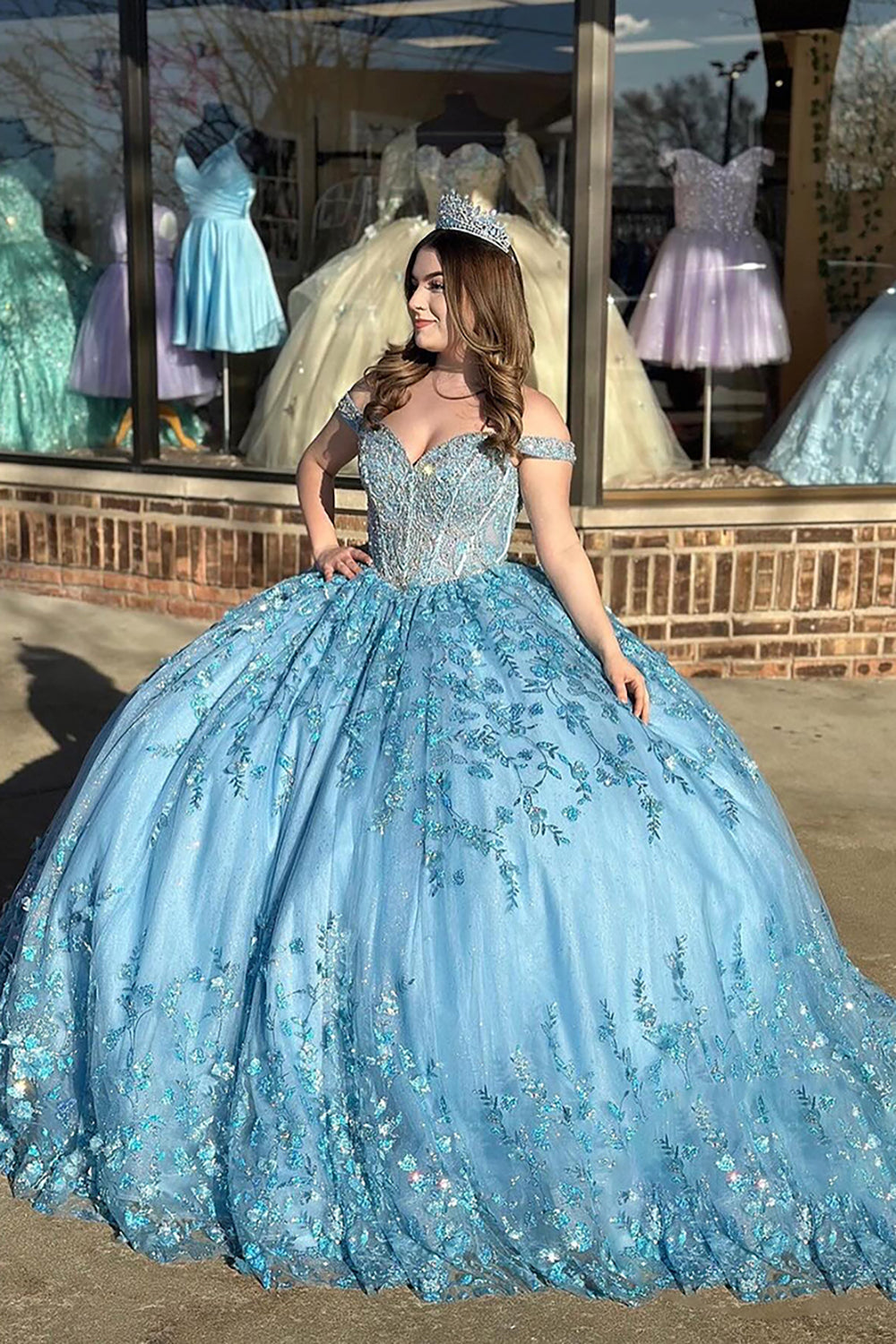Off-the-Shoulder Blue Tulle Corset Ball Gown with Appliques for Quinceanera