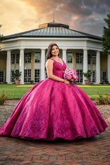 Quinceanera Ball Gown in Fuchsia with Spaghetti Straps and Appliques