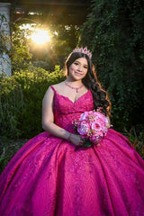 Quinceanera Ball Gown in Fuchsia with Spaghetti Straps and Appliques