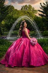 Quinceanera Ball Gown in Fuchsia with Spaghetti Straps and Appliques