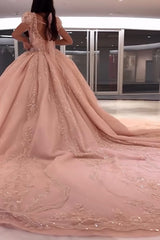Pink Sparkle Square-Neck Puff-Sleeve Ball Gown with Applique and Train for Quinceanera