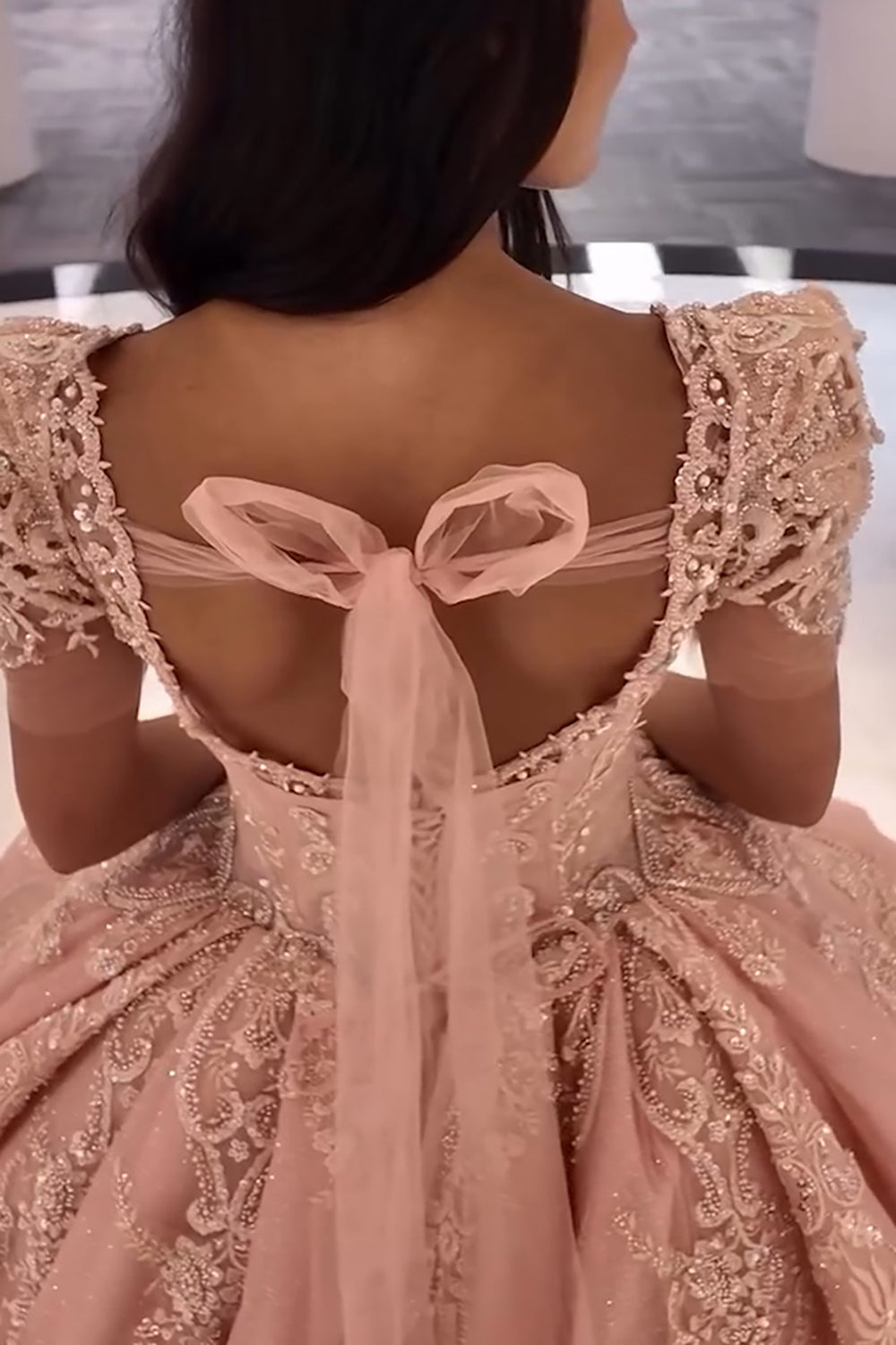 Pink Sparkle Square-Neck Puff-Sleeve Ball Gown with Applique and Train for Quinceanera