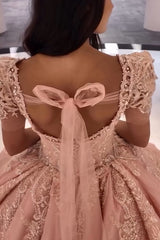 Pink Sparkle Square-Neck Puff-Sleeve Ball Gown with Applique and Train for Quinceanera