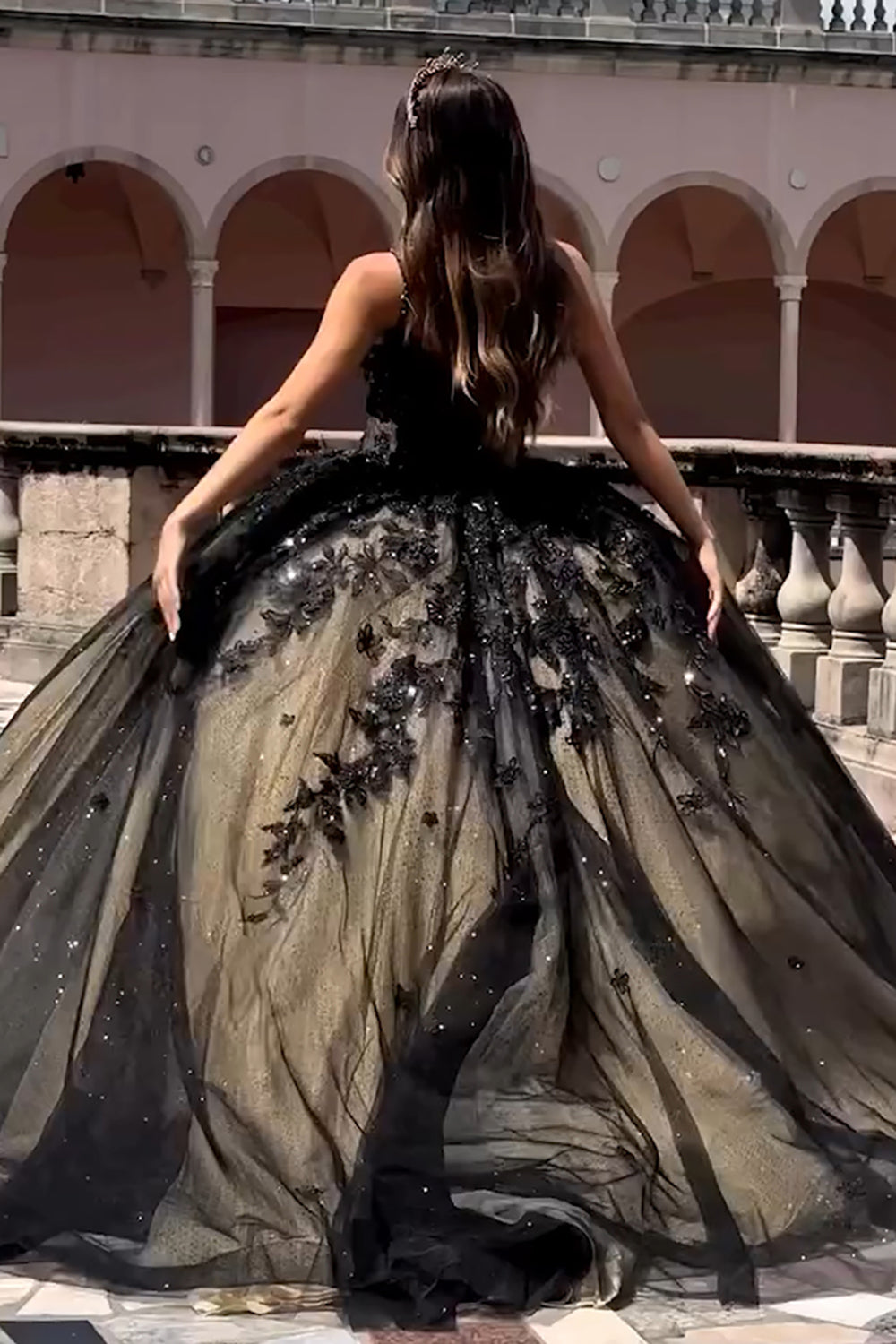 Quinceanera Dress in Sparkly Black Tulle Featuring Spaghetti Straps and Appliques