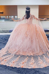 Princess Sweetheart Quinceanera Dress in Pink with Tulle Applique and Cape
