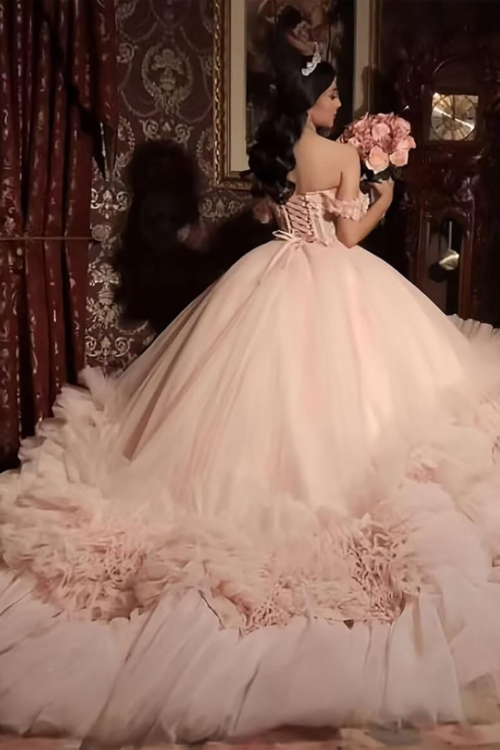 Quinceanera Dress with Pink Tulle Tiered Skirt and Spaghetti Straps Applique