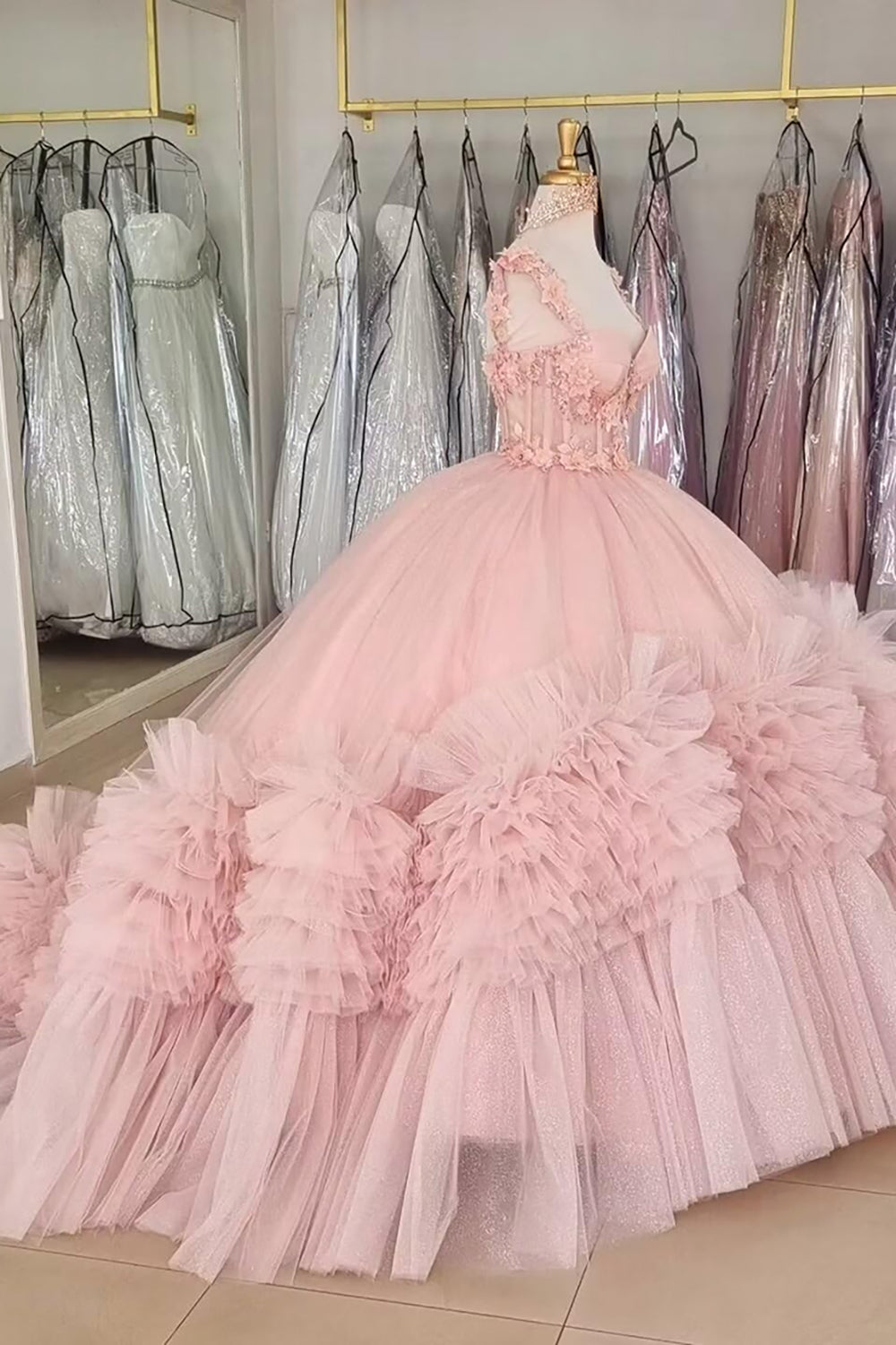 Quinceanera Dress with Pink Tulle Tiered Skirt and Spaghetti Straps Applique