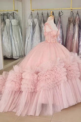 Quinceanera Dress with Pink Tulle Tiered Skirt and Spaghetti Straps Applique