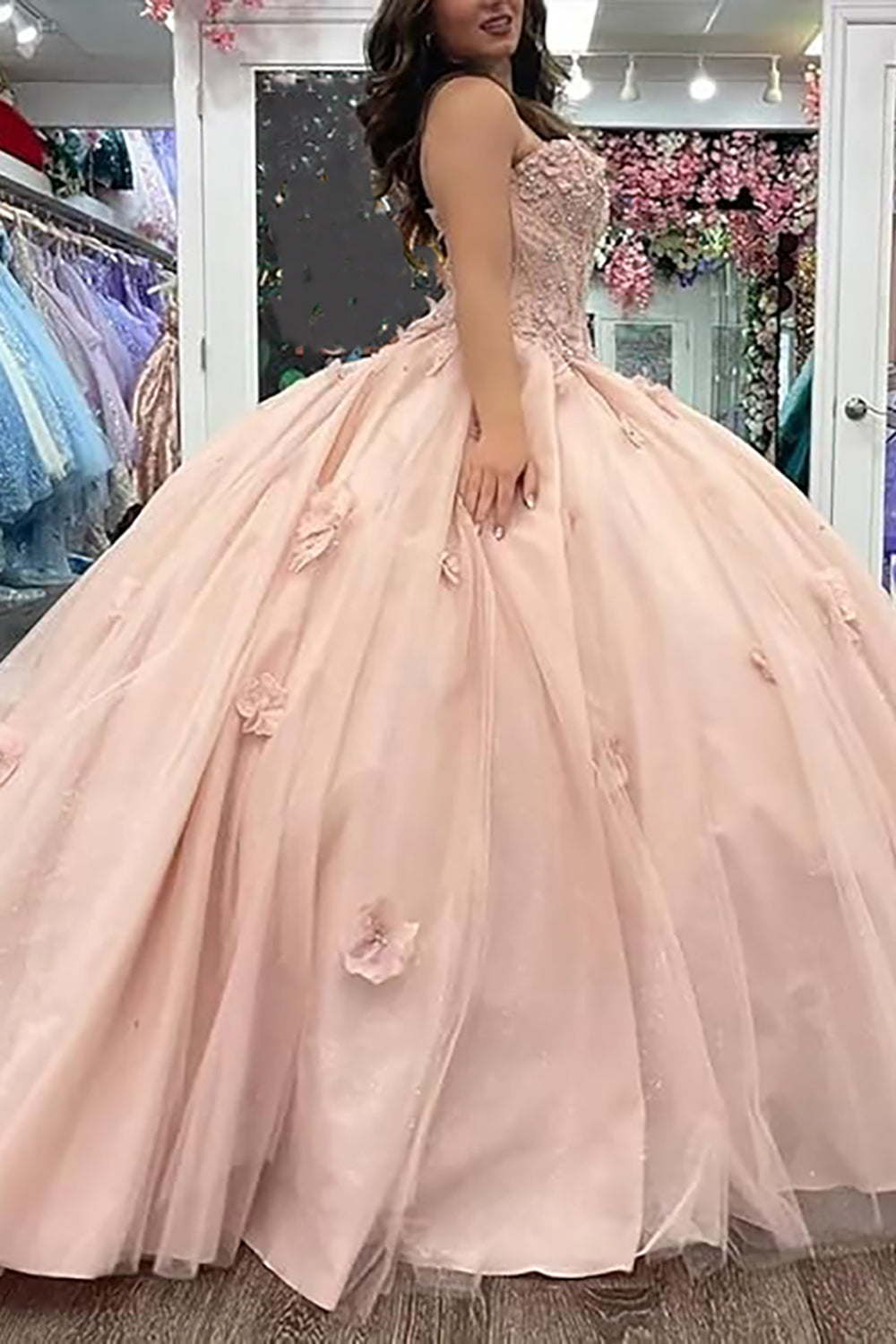 Sweetheart Corset Ball Gown with Pink Tulle Applique for Quinceanera