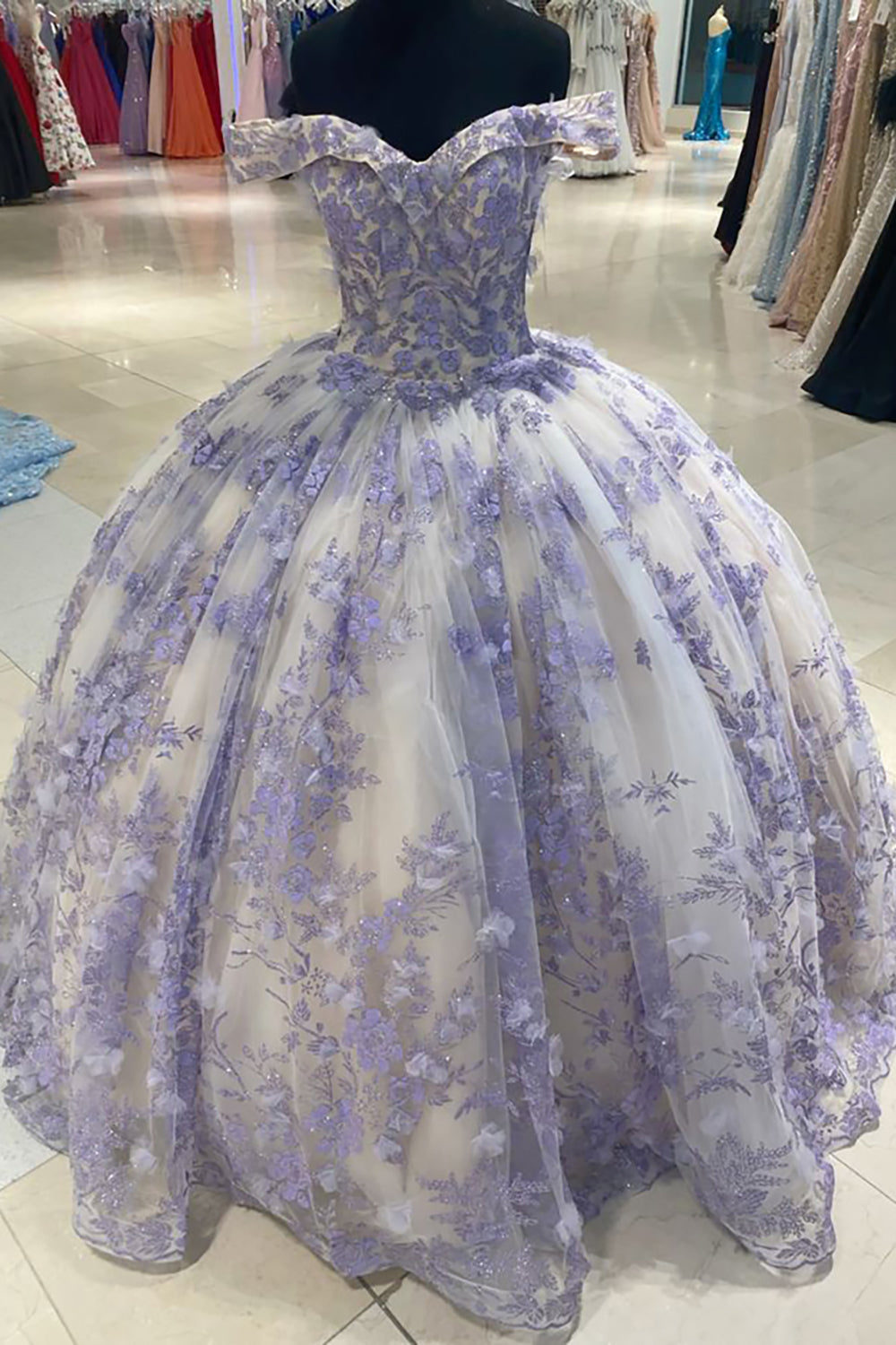 Quinceanera Ball Gown in Lilac with Off-the-Shoulder Neckline and Appliques