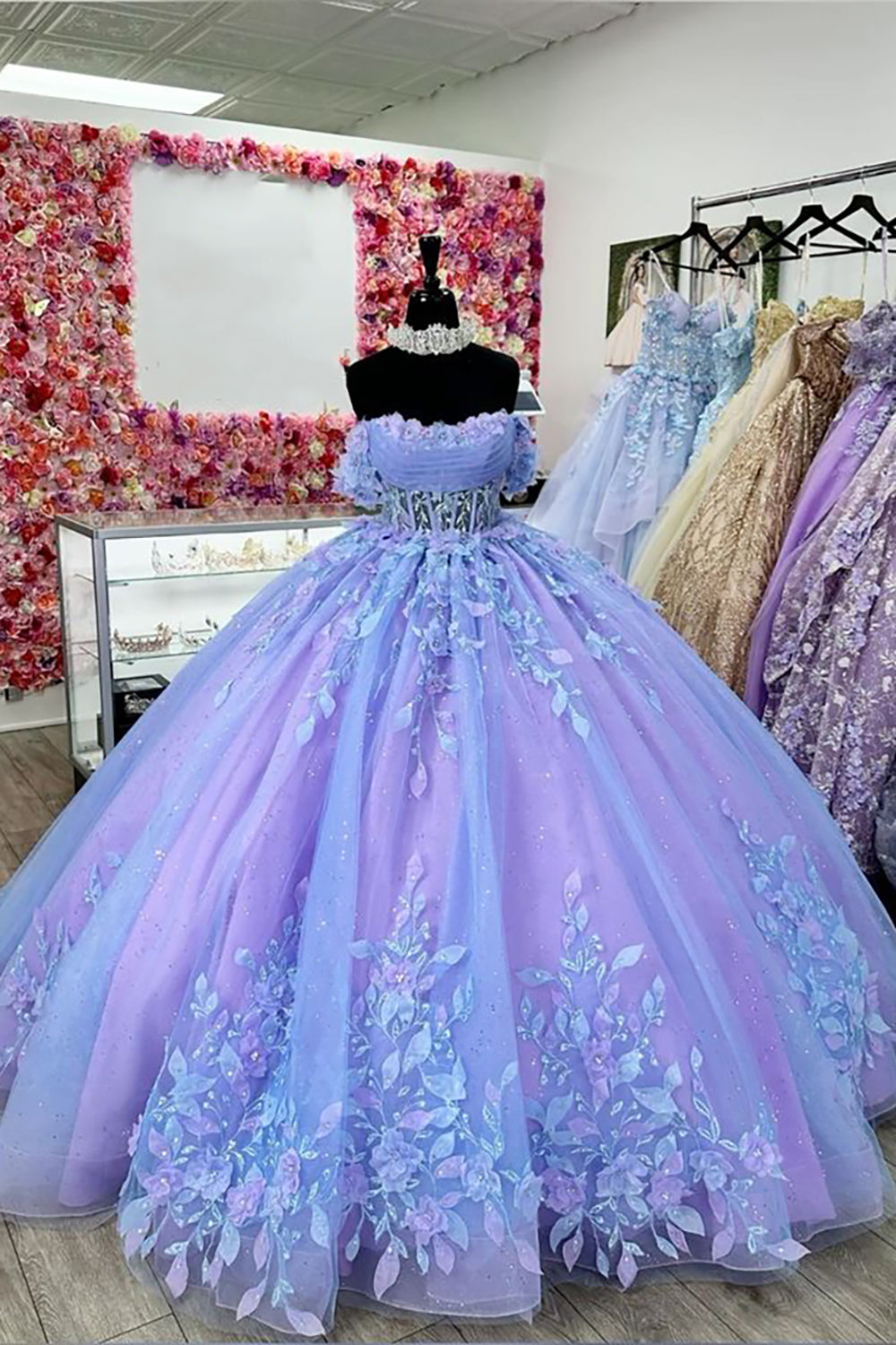 Blue Glitter Off-the-Shoulder Quinceanera Dress in Organza with Appliques