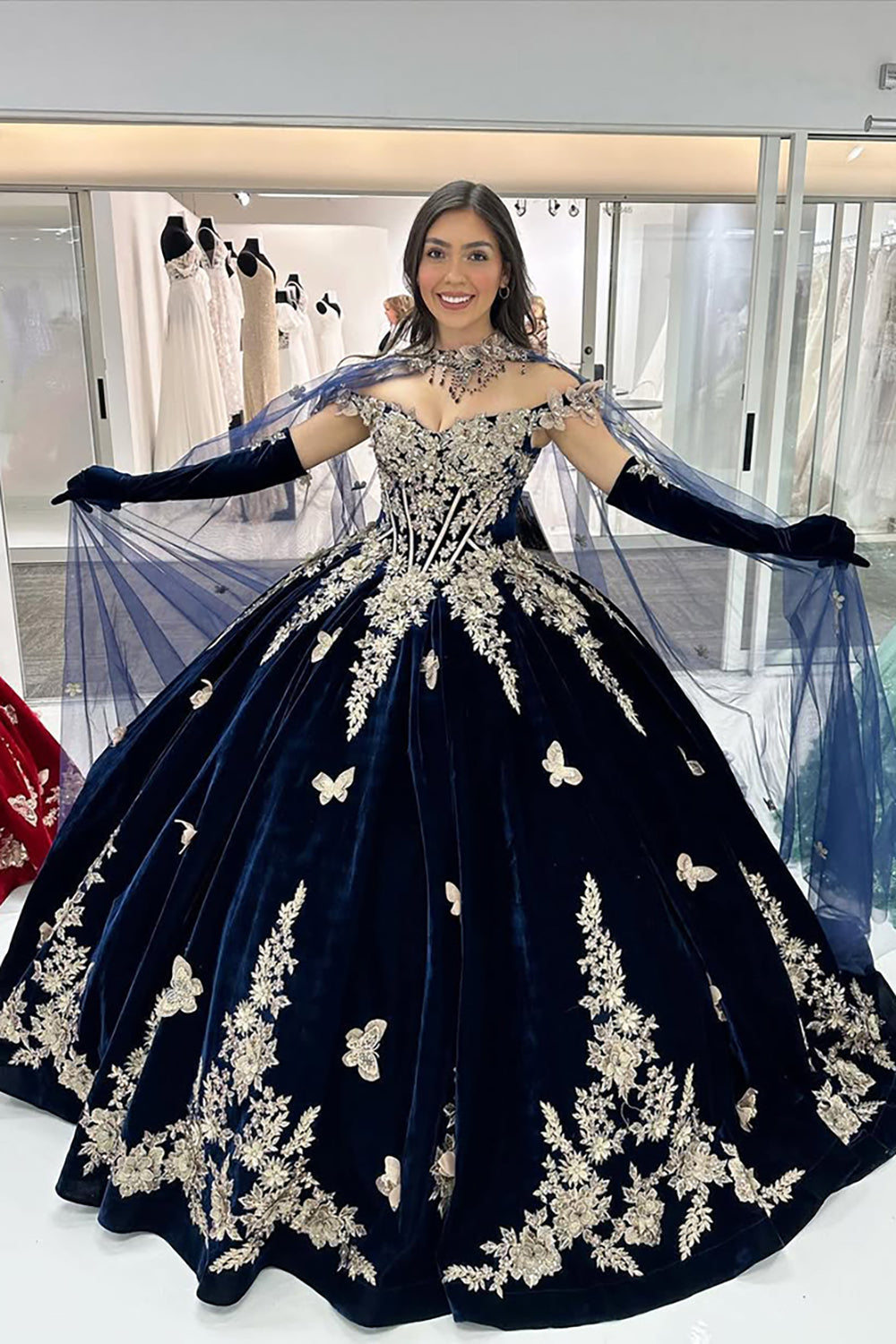Velvet Quinceanera Ball Gown in Burgundy with Off-the-Shoulder Appliques