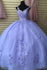 Princess Quinceanera Dress in Lilac with Spaghetti Straps and Tulle Appliques