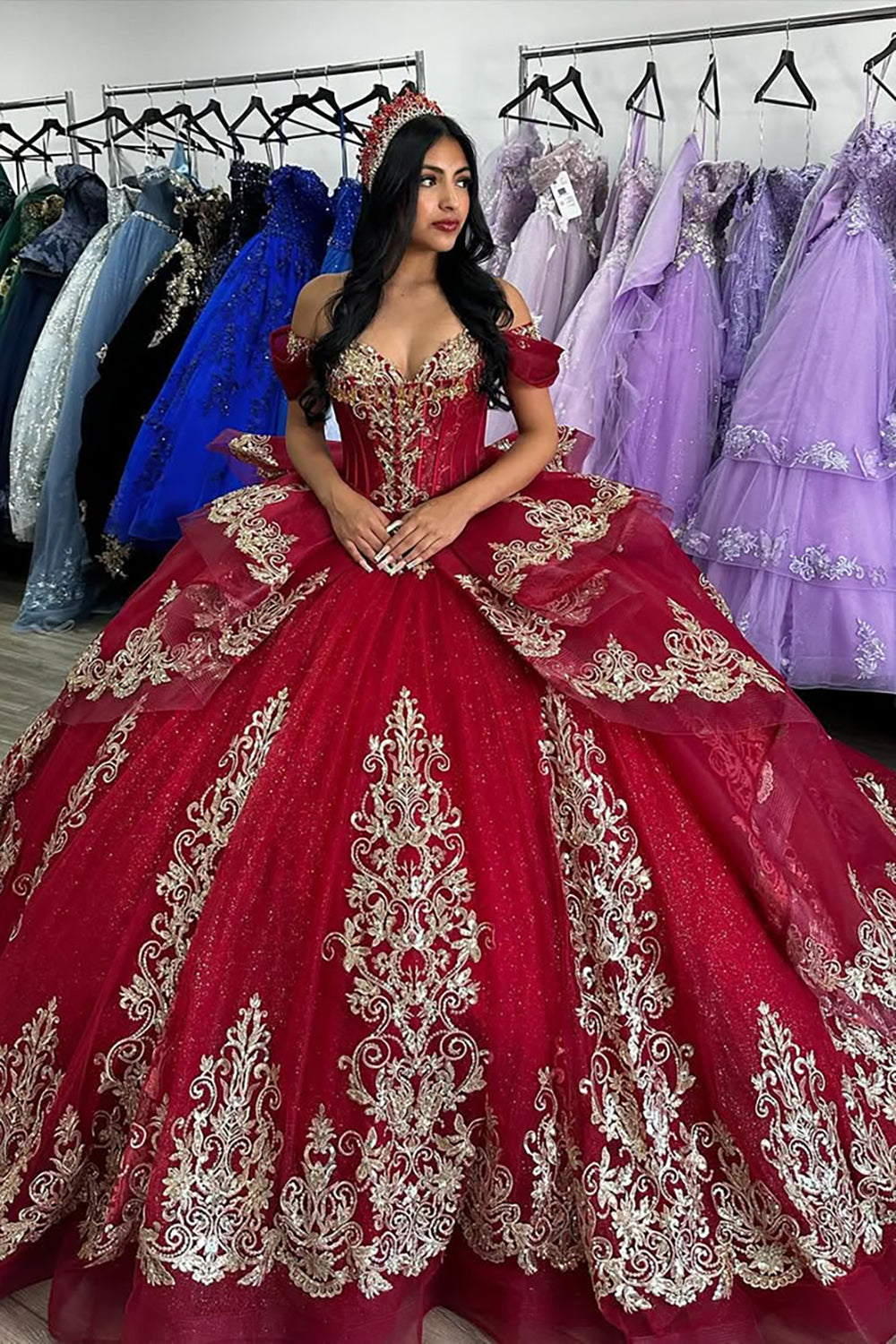 Red Sparkle Off-Shoulder Tulle Quinceanera Ball Gown with Gold Appliques