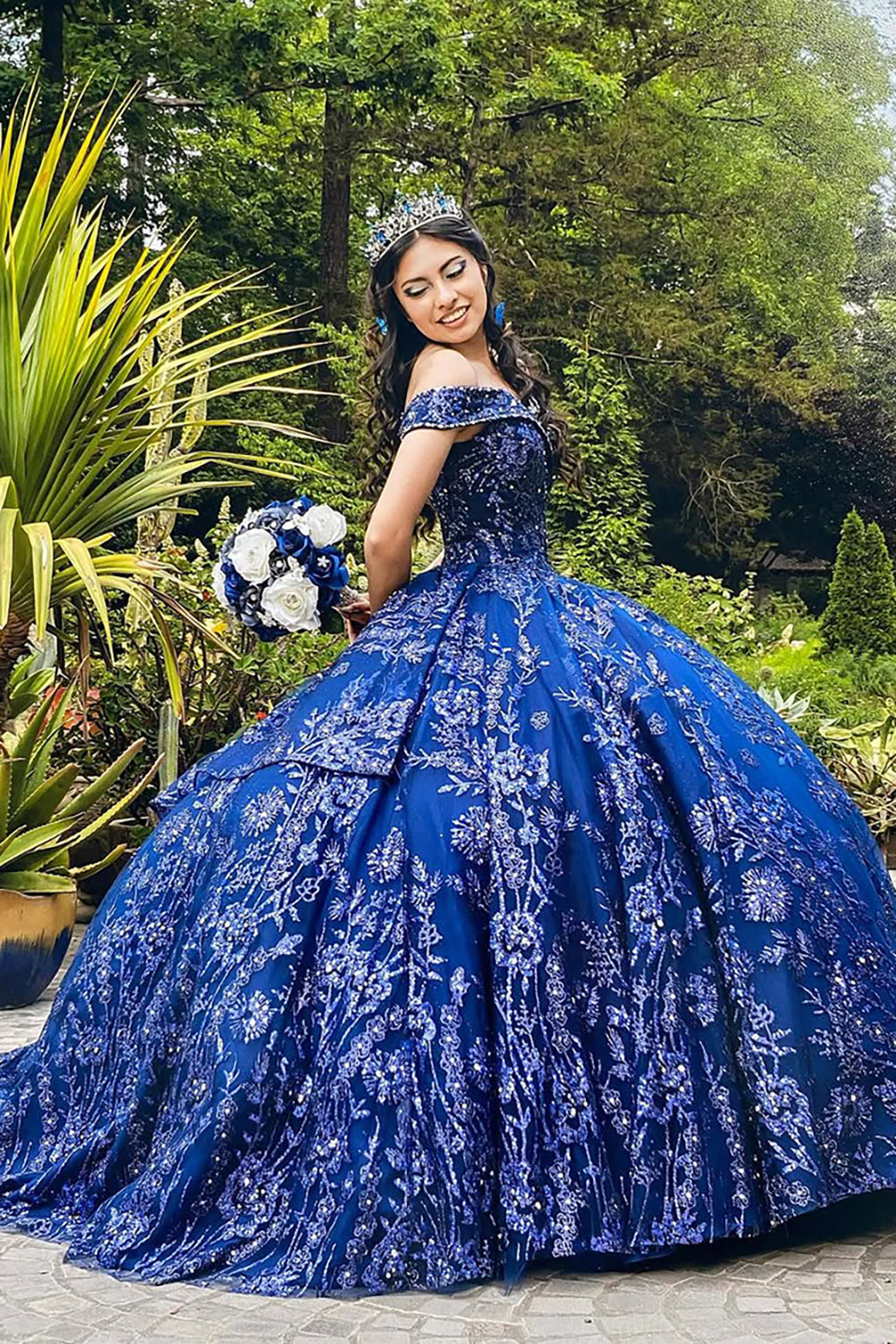 Navy Off-the-Shoulder Ball Gown with Sparkly Sequins Applique for Quinceanera