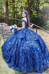 Navy Off-the-Shoulder Ball Gown with Sparkly Sequins Applique for Quinceanera