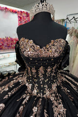 Off-the-Shoulder Black Ball Gown with Sequins and Appliques for Quinceanera