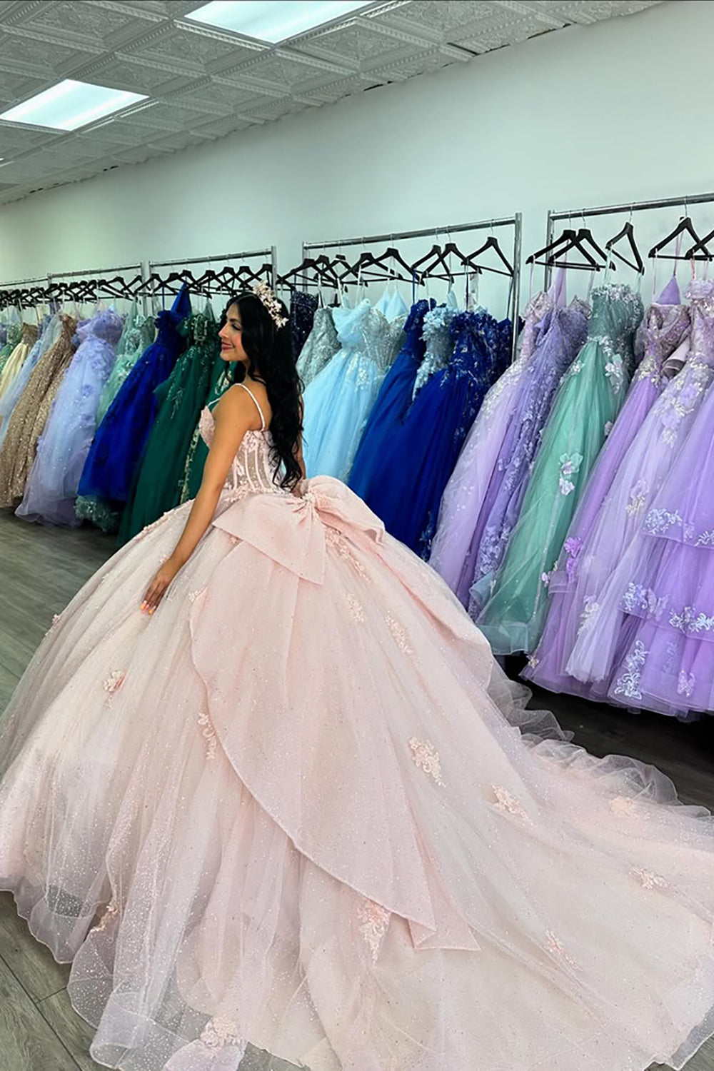 Princess Quinceanera Dress in Pink with Tulle Applique and Spaghetti Straps, Featuring a Bow
