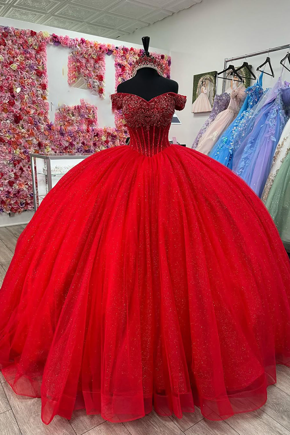 Blue Sparkle Off-Shoulder Tulle Quinceanera Gown with Beaded Details