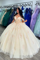 Beige Sparkle Corset Ball Gown with Off-Shoulder Bow for Quinceanera
