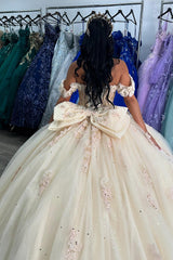 Beige Sparkle Corset Ball Gown with Off-Shoulder Bow for Quinceanera